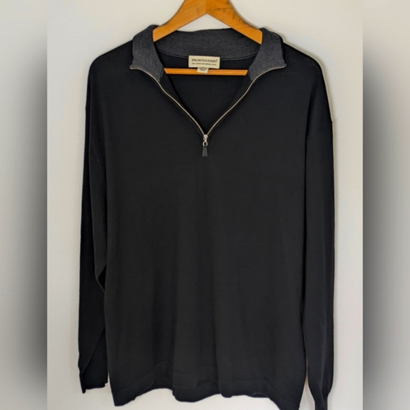 PRONTO UOMO Men's 100% Extra Fine Zip Up Merino Wool Sweater Black Gray Size L - Picture 1 of 10